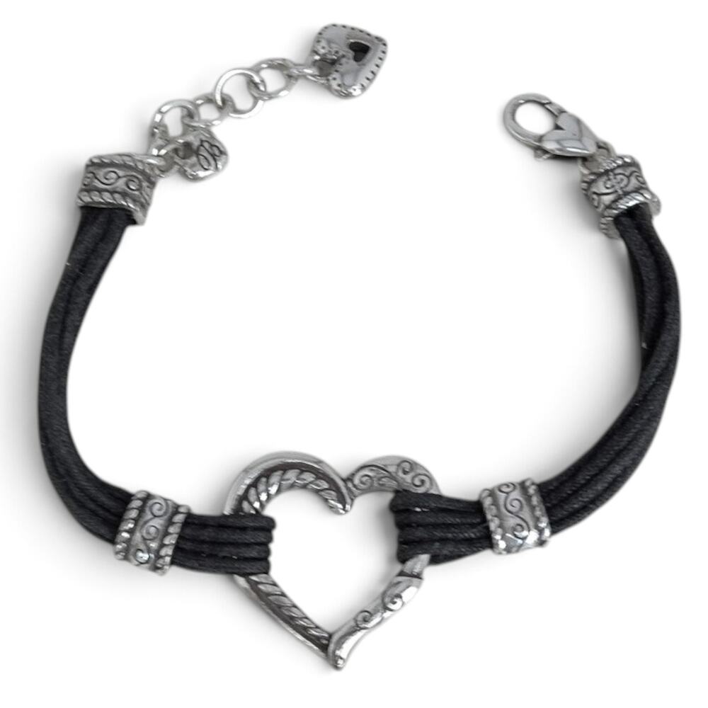 Brighton Heritage Heart Bracelet J32460 Silver Plated Cotton Cord Open Heart